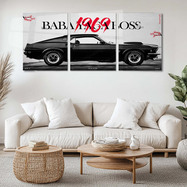 Car Metal Poster Set of 3 | 1969 Ford Mustang | Black Classic American Muscle Car Triptych Wall Art | Premium Automotive Metal Print