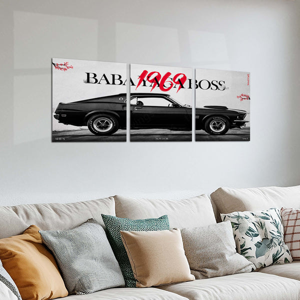 Car Metal Poster Set of 3 | 1969 Ford Mustang | Black Classic American Muscle Car Triptych Wall Art | Premium Automotive Metal Print