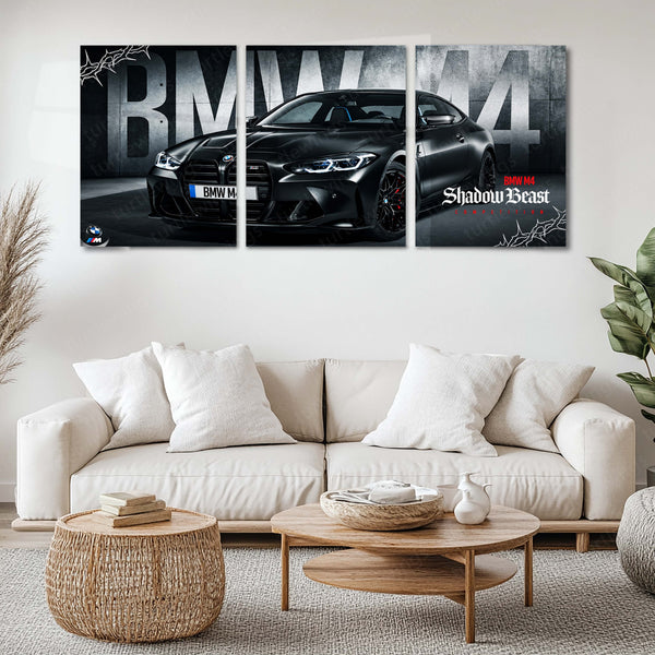 Car Metal Poster Set of 3 | BMW M4 Competition | Black Shadow Beast Sports Car Triptych Wall Art | Premium Automotive Metal Print