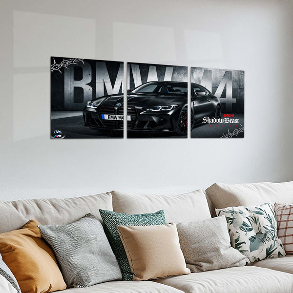 Car Metal Poster Set of 3 | BMW M4 Competition | Black Shadow Beast Sports Car Triptych Wall Art | Premium Automotive Metal Print
