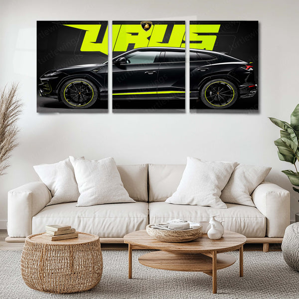Car Metal Poster Set of 3 | Lamborghini Urus | Black Luxury SUV Supercar Triptych Wall Art | Premium Automotive Metal Print