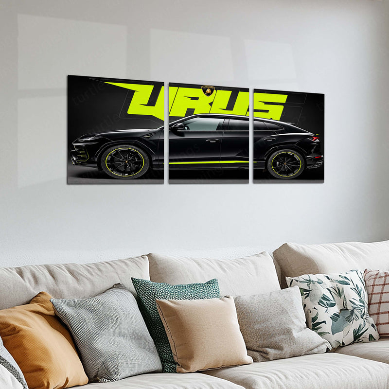 Car Metal Poster Set of 3 | Lamborghini Urus | Black Luxury SUV Supercar Triptych Wall Art | Premium Automotive Metal Print