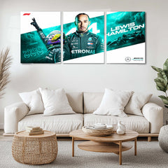 Formula 1 Metal Poster Set of 3 | Lewis Hamilton Text Design | Mercedes-AMG Petronas F1 Racing Triptych Wall Art | Premium Motorsport Metal Print