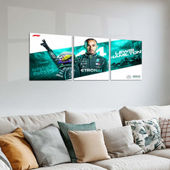 Formula 1 Metal Poster Set of 3 | Lewis Hamilton Text Design | Mercedes-AMG Petronas F1 Racing Triptych Wall Art | Premium Motorsport Metal Print