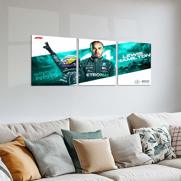 Formula 1 Metal Poster Set of 3 | Lewis Hamilton Text Design | Mercedes-AMG Petronas F1 Racing Triptych Wall Art | Premium Motorsport Metal Print