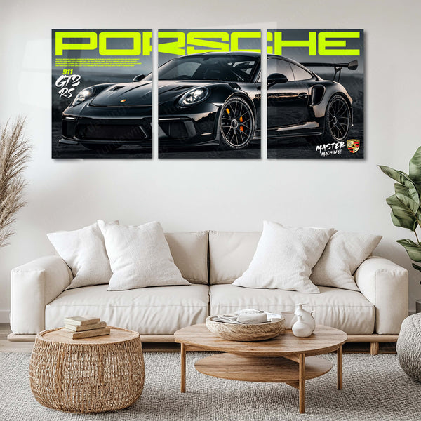 Car Metal Poster Set of 3 | Porsche 911 GT3 RS | Black Performance Supercar Triptych Wall Art | Premium Automotive Metal Print
