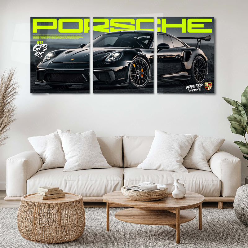 Car Metal Poster Set of 3 | Porsche 911 GT3 RS | Black Performance Supercar Triptych Wall Art | Premium Automotive Metal Print