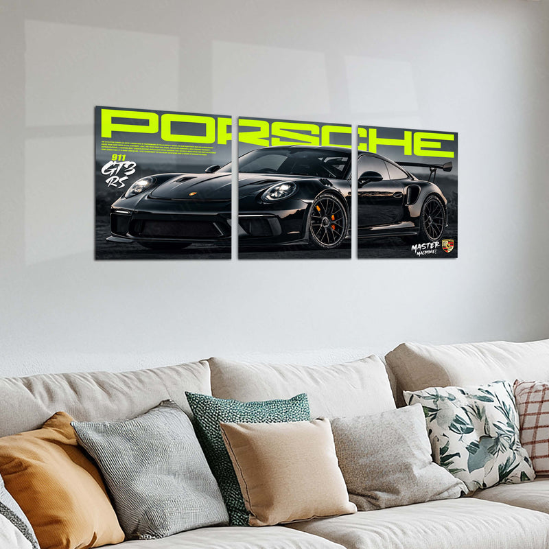 Car Metal Poster Set of 3 | Porsche 911 GT3 RS | Black Performance Supercar Triptych Wall Art | Premium Automotive Metal Print