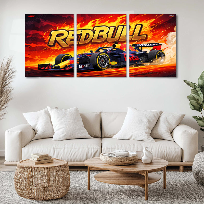 Formula 1 Metal Poster Set of 3 | Red Bull Racing F1 Car | Fiery Motorsport Triptych Wall Art | Premium Racing Metal Print