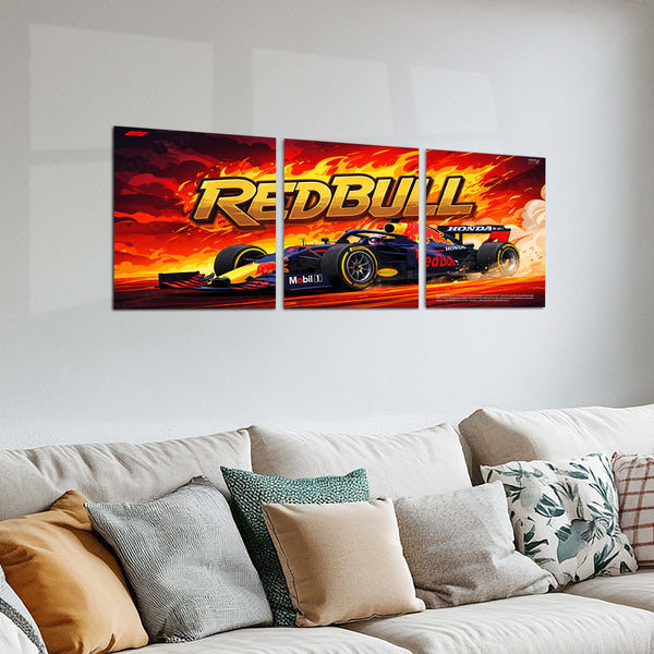 Formula 1 Metal Poster Set of 3 | Red Bull Racing F1 Car | Fiery Motorsport Triptych Wall Art | Premium Racing Metal Print