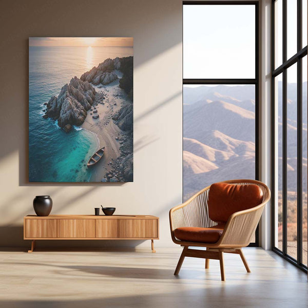 Serene Sunset Cove with Wooden Rowboat and Rocky Shoreline Metal Frame | Aerial Coastal Wall Art - TURTLEWINGS 
