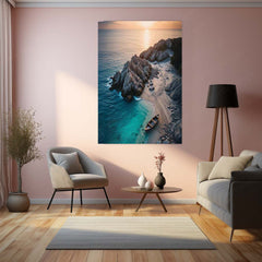 Serene Sunset Cove with Wooden Rowboat and Rocky Shoreline Metal Frame | Aerial Coastal Wall Art - TURTLEWINGS 