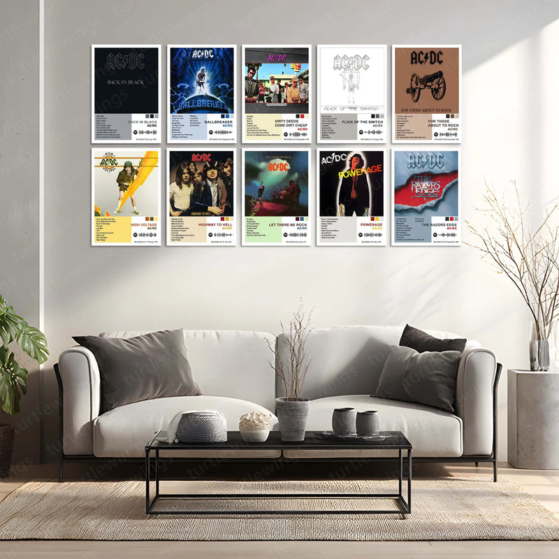 AC/DC Complete Album Collection | Set of 10 | Set of 8 | Set of 4 | Metal Frame Posters High Voltage. Pure Rock Energy. Legendary Wall Statement. - TURTLEWINGS 