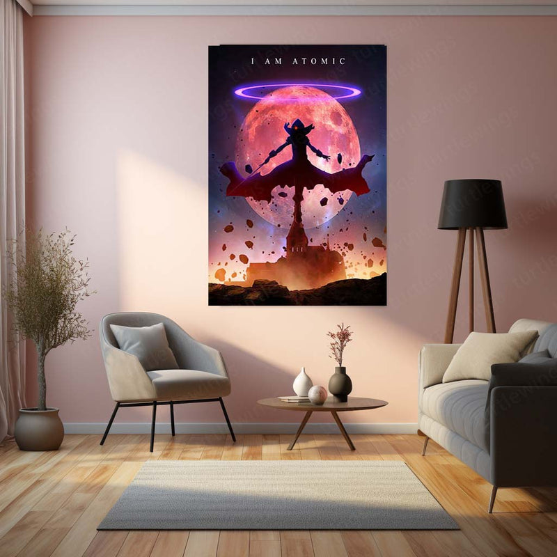 Anime Metal Poster | Shadow Warrior Under Red Moon Metal Poster | Dark Fantasy Wall Frame