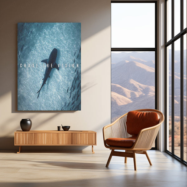 Shark in Ocean – “Chase the Vision” Metal Poster | Deep Focus x Predator Mindset Wall Art