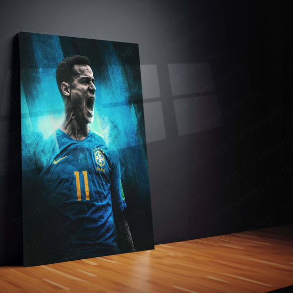 Philippe Coutinho Brazil Metal Frame – No. 11 with Stylized Blue Background | Seleção Wall Art - TURTLEWINGS 