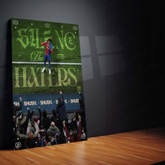 Silence the Haters – Footballer Celebrating Against Angry Crowd Metal Frame | Bold Motivational Sports Art - TURTLEWINGS 