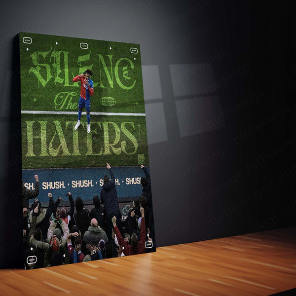 Silence the Haters – Footballer Celebrating Against Angry Crowd Metal Frame | Bold Motivational Sports Art - TURTLEWINGS 