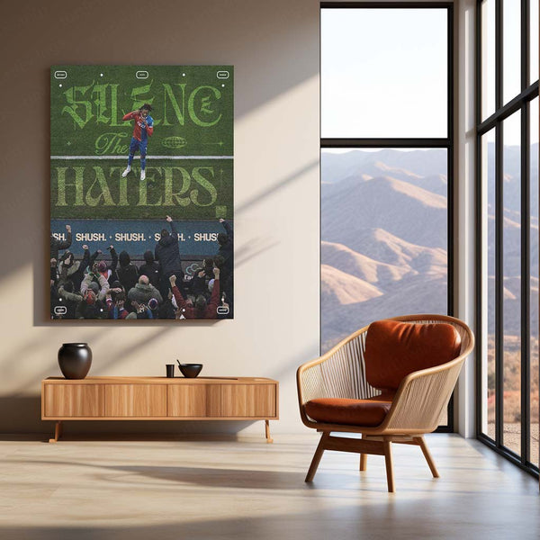 Silence the Haters – Footballer Celebrating Against Angry Crowd Metal Frame | Bold Motivational Sports Art - TURTLEWINGS 