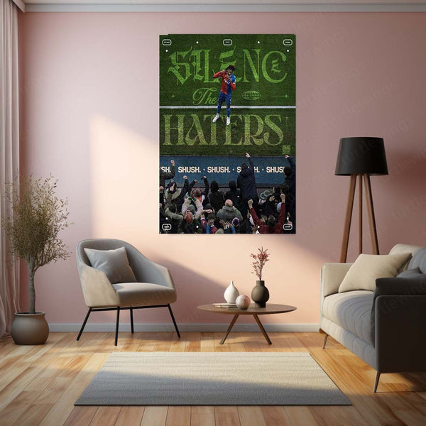 Silence the Haters – Footballer Celebrating Against Angry Crowd Metal Frame | Bold Motivational Sports Art - TURTLEWINGS 