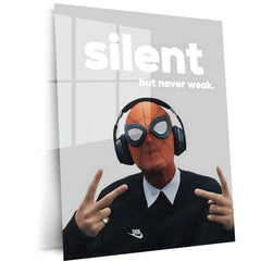 Quote Metal Poster | Spider-Man – Silent but Never Weak Metal Frame Quiet Strength, Inner Power & Modern Hero Mindset Quote Wall Art | Street-Style Superhero Metal Poster