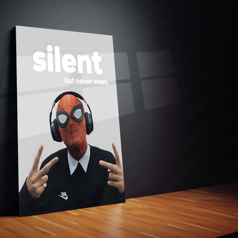 Quote Metal Poster | Spider-Man – Silent but Never Weak Metal Frame Quiet Strength, Inner Power & Modern Hero Mindset Quote Wall Art | Street-Style Superhero Metal Poster