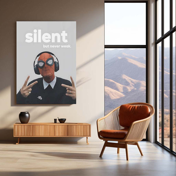 Quote Metal Poster | Spider-Man – Silent but Never Weak Metal Frame Quiet Strength, Inner Power & Modern Hero Mindset Quote Wall Art | Street-Style Superhero Metal Poster