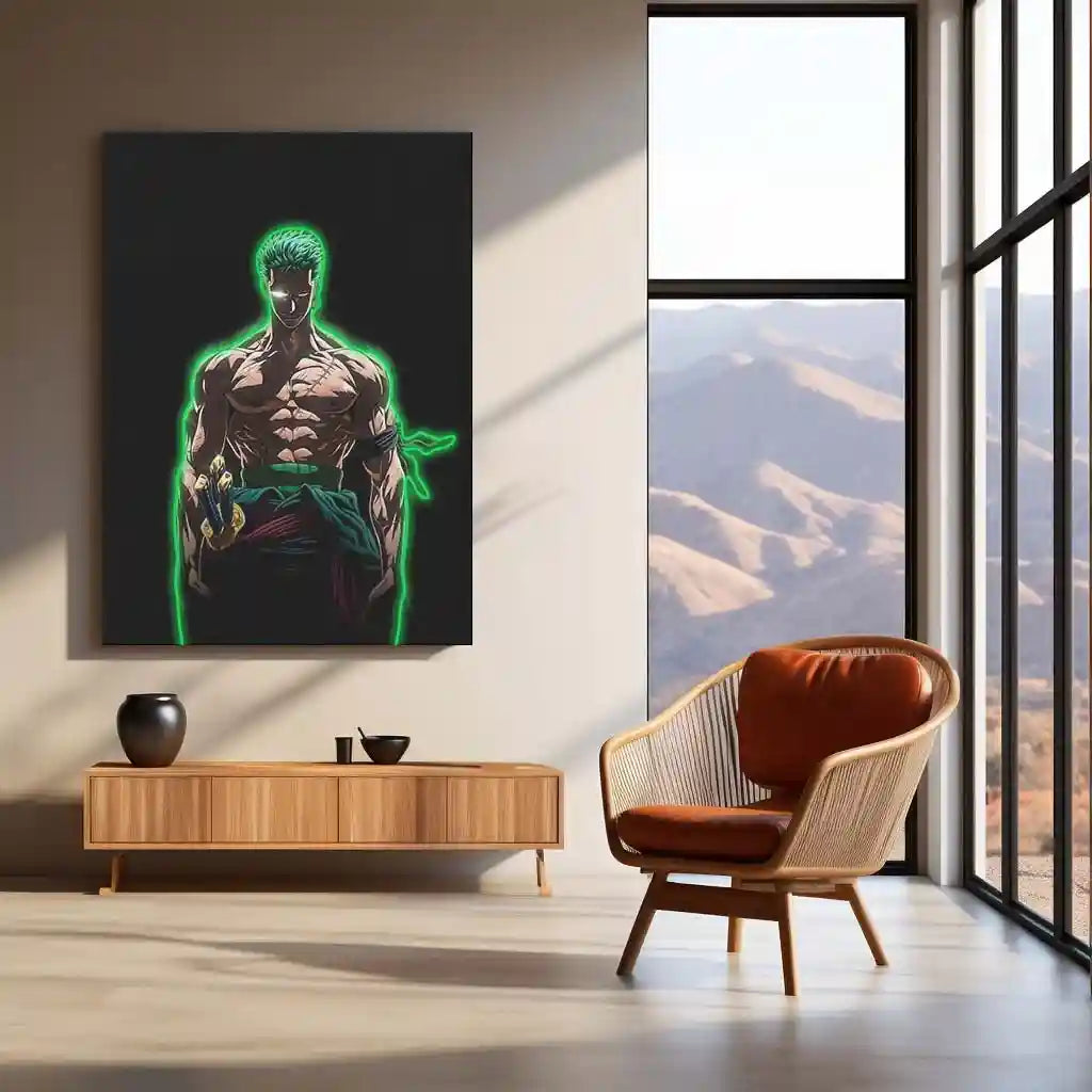 フォトアート Roronoa Zoro Neon LED Frame | One Piece Anime Wall Art | Green