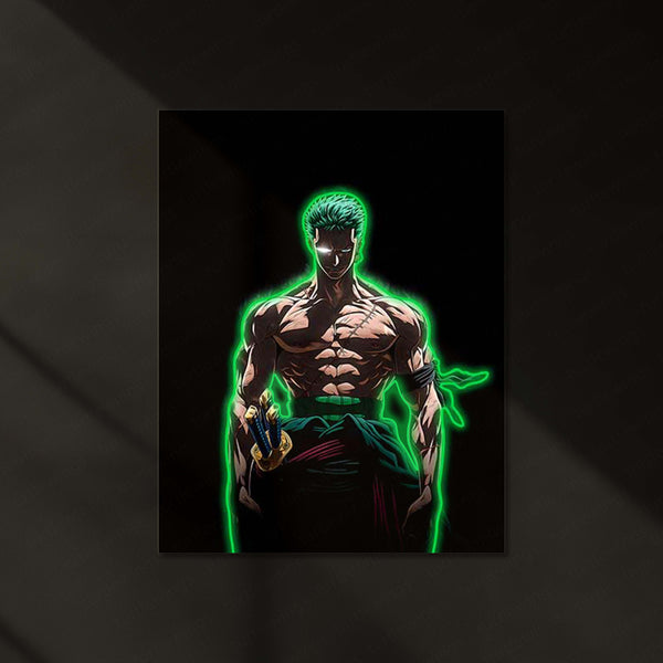 Roronoa Zoro Neon LED Frame | One Piece Anime Wall Art | Green Aura Swordsman Design