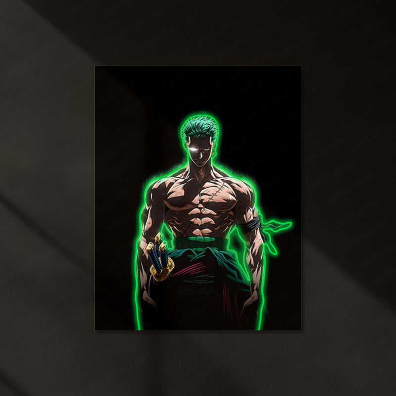 Roronoa Zoro Neon LED Frame | One Piece Anime Wall Art | Green Aura Swordsman Design