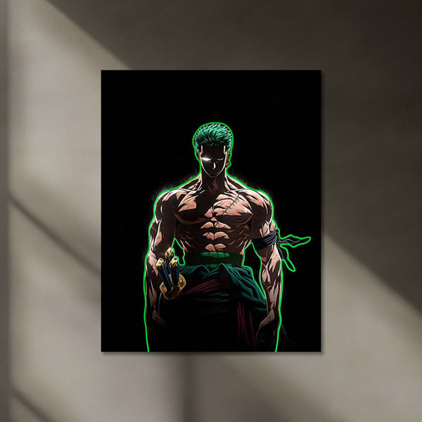 Roronoa Zoro Neon LED Frame | One Piece Anime Wall Art | Green Aura Swordsman Design