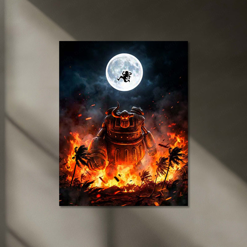 Anime Warrior Neon LED Metal Frame | Fire Battle Scene Wall Art | LED Backlit Anime Frame | Gaming Room Decor