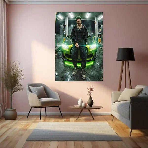 Zoro Street Car Metal Poster | Anime Drift Aesthetic Wall Art | One Piece Roronoa Zoro Car Frame | Anime Room Decor - TURTLEWINGS 