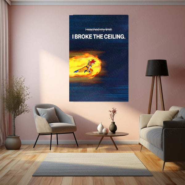 Anime Metal Poster | Goku “I Broke the Ceiling” Motivational Metal Poster | Dragon Ball Anime Wall Art | Break Your Limits Success Metal Print