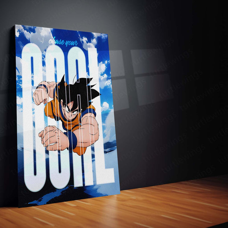 Anime Metal Poster | Goku Chase Your Goal Anime Metal Poster | Dragon Ball Motivational Wall Art | Saiyan Action Metal Print