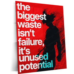 Anime Metal Poster | Goku Unused Potential Anime Metal Poster | The Biggest Waste Isn’t Failure Motivational Wall Art | Saiyan Metal Print