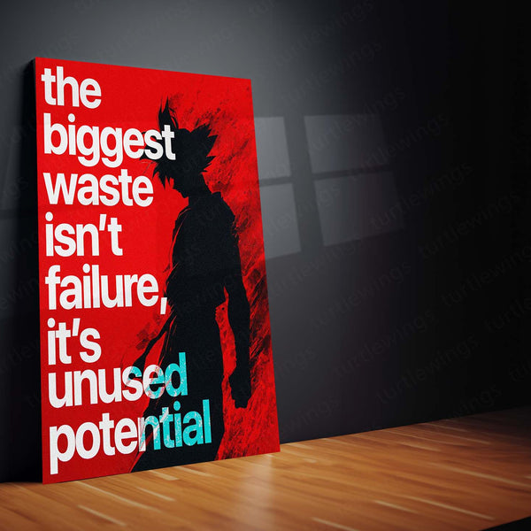 Anime Metal Poster | Goku Unused Potential Anime Metal Poster | The Biggest Waste Isn’t Failure Motivational Wall Art | Saiyan Metal Print