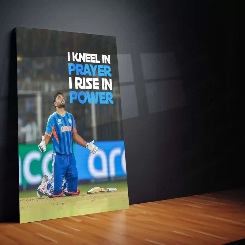 Cricket Metal Poster | Sanju Samson – I Kneel in Prayer, I Rise in Power | ICC Men's T20 World Cup, 2026 | Cricket Wall Art - TURTLEWINGS 