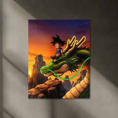 Kid Goku & Shenron LED Metal Print | Dragon Ball Anime Neon Wall Art | Sunset Dragon Gaming Room Décor