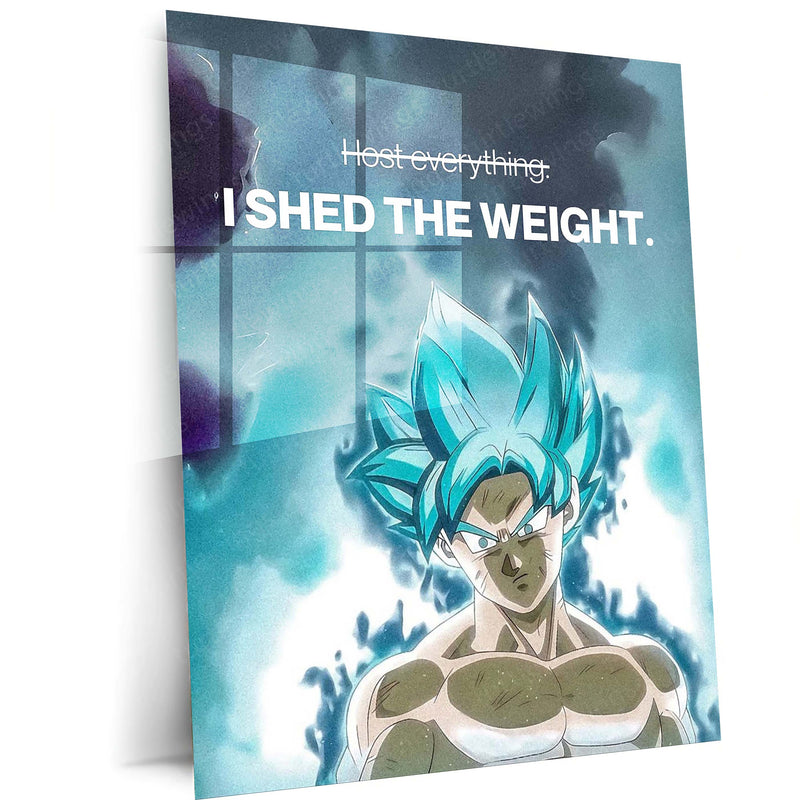 Anime Metal Poster | Goku “I Shed the Weight” Motivational Metal Poster | Dragon Ball Anime Wall Art | Let Go & Grow Mindset Metal Print