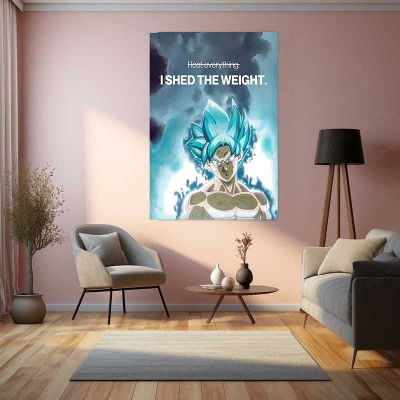 Anime Metal Poster | Goku “I Shed the Weight” Motivational Metal Poster | Dragon Ball Anime Wall Art | Let Go & Grow Mindset Metal Print