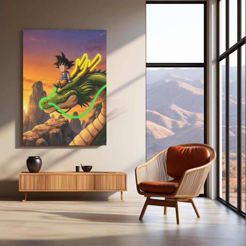 Kid Goku & Shenron LED Metal Print | Dragon Ball Anime Neon Wall Art | Sunset Dragon Gaming Room Décor