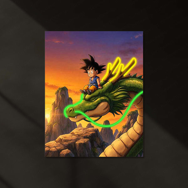 Kid Goku & Shenron LED Metal Print | Dragon Ball Anime Neon Wall Art | Sunset Dragon Gaming Room Décor
