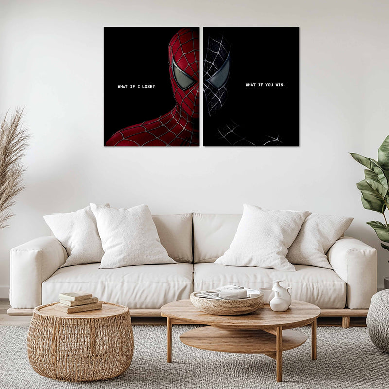 Marvel Metal Poster Set of 2 | Spider-Man Red & Black Suit | “What If I Lose? What If You Win.” Motivational Duo Wall Art | Premium Metal Print