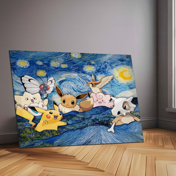 Pokemon Starry Night Artwork | Anime × Classic Art Fusion Metal Poster
