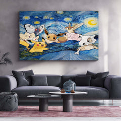 Pokemon Starry Night Artwork | Anime × Classic Art Fusion Metal Poster