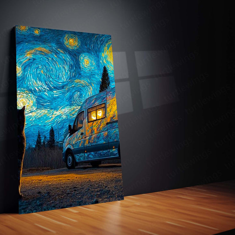 Aesthetic Metal Poster Set of 3 | Starry Night | Camper Van & Cat Triptych Wall Art – product image 4