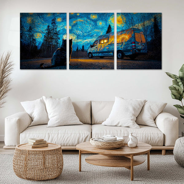 Aesthetic Metal Poster Set of 3 | Starry Night | Camper Van & Cat Triptych Wall Art – main product image