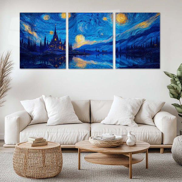 Aesthetic Metal Poster Set of 3 | Starry Night | Castle & Moonlit Lake Triptych Wall Art – main product image
