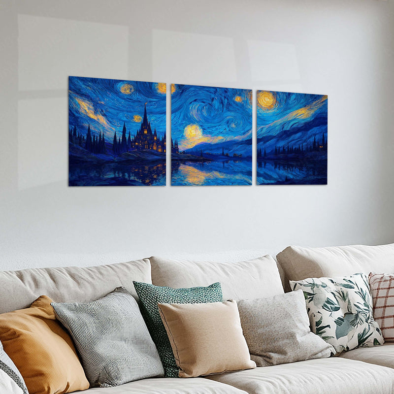 Aesthetic Metal Poster Set of 3 | Starry Night | Castle & Moonlit Lake Triptych Wall Art – product image 2